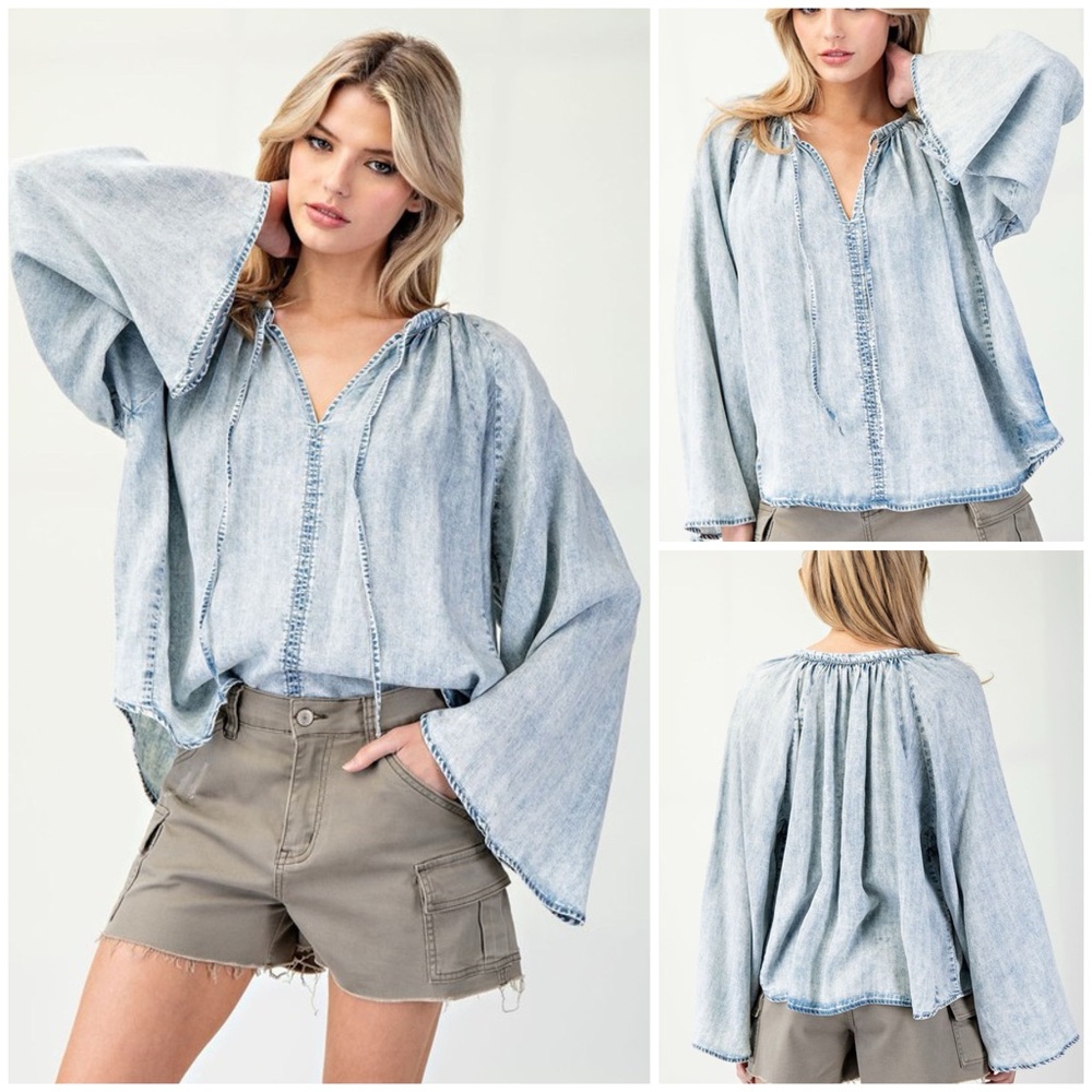 🎉 JUST ARRIVED 🎉 Mineral Washed Bell Sleeve Denim Top